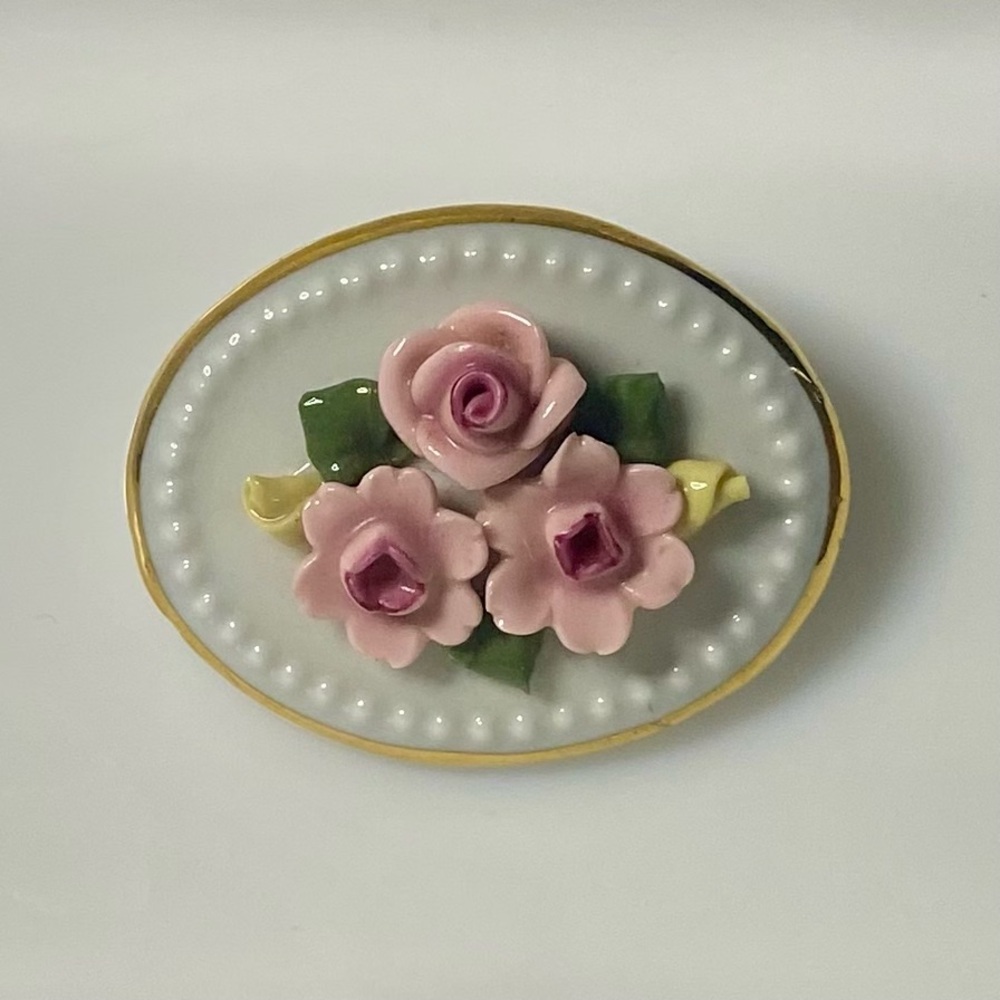 Vintage Floral Porcelain Brooch with Pink Roses